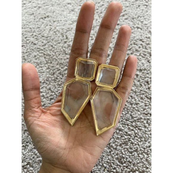 Large Gold clear earring chunky white acrylic crystal bold 3.75” - Picture 2 of 9